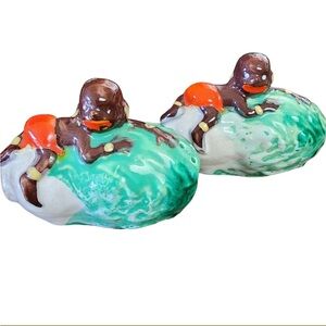 Vintage Ceramic Figurines with Green and Orange Accents